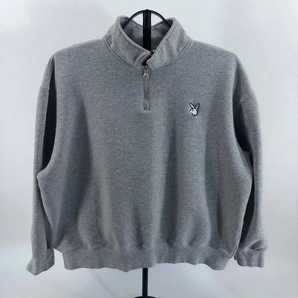 Playboy by PacSun Heather Gray Quarter Zip Fleece Pullover Sweatshirt Large